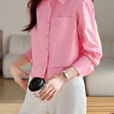 Casual Solid Color Shirt With Single Patch Pocket & Front Pleats