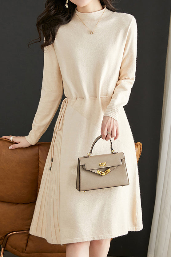 Off Neck Drawstring Flare Knit Dress - 3 Colors Available - liwisi