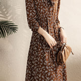 Exquisite Commuter Floral‑Print V‑Neck Long‑Sleeve Dress With Ribbon Bow