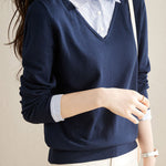 Casual Office Polo Collar Spliced Fake Two-Piece Knit Top - liwisi