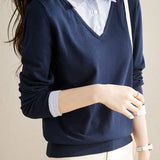 Casual Office Polo Collar Spliced Fake Two-Piece Knit Top - liwisi