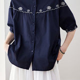Elegant Commuter Crew Neck Button Front Embroidered Short Sleeve Blouse