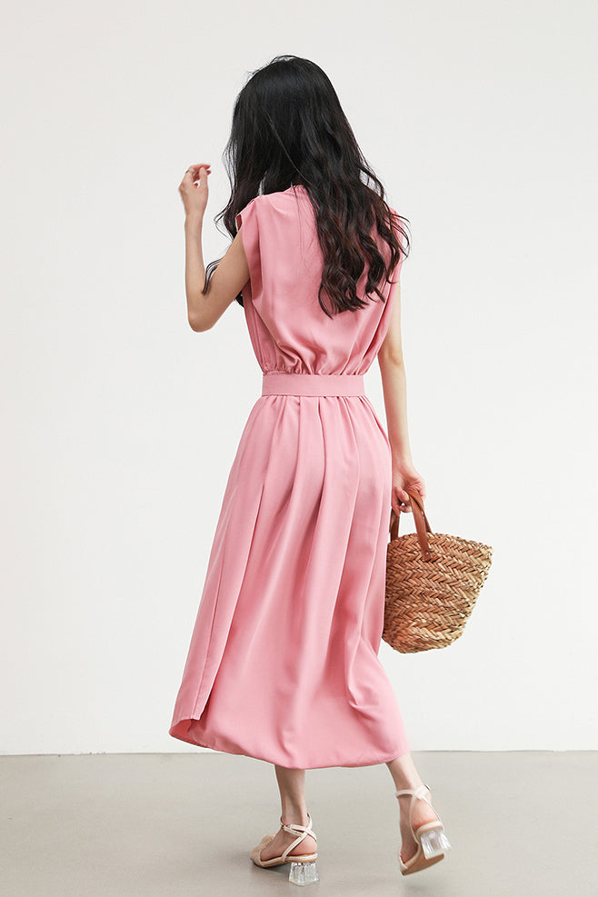 Buckle Belt V-Neck Long Flare Dress Buckle Belt V-Neck Long Flare Dress