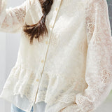 Elegant Date Ruffled Stand Collar Long‑Sleeve Lace Blouse