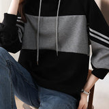 Casual Versatile Color-Blocked Black Hoodie