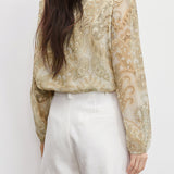 Vintage Printed Pleated Tie Blouse
