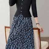 Exquisite Elegant V‑Neck Floral‑Print Fake Two‑Piece Long‑Sleeve Dress