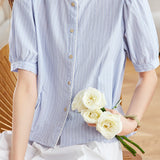 Elegant Commuter Striped Lace Crew Neck Waist-Cinched Ruched Short-Sleeve Blouse