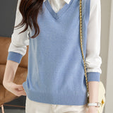 Layered Look Shirt Collar Bi-Color Blouse