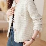 Elegant Tweed Short-Length Frayed Long-Sleeve Jacket - liwisi