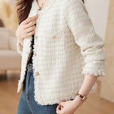 Elegant Tweed Short-Length Frayed Long-Sleeve Jacket - liwisi