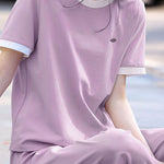 Casual color-block short-sleeve long pants two-piece set. - liwisi
