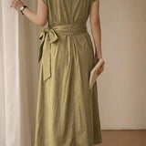 Elegant Color Contrast V-neck Tie Dress