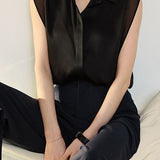 Mixed Material Side Slit Placket Satin Shirt