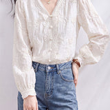 Elegant French V-Neck Embroidered Jacquard Long-Sleeve Blouse