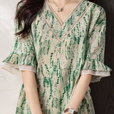 V-neck printed ruffled sleeve loose shirt - liwisi