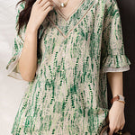 V-neck printed ruffled sleeve loose shirt - liwisi