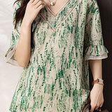 V-neck printed ruffled sleeve loose shirt - liwisi