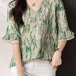 V-neck printed ruffled sleeve loose shirt - liwisi