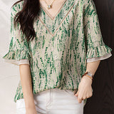V-neck printed ruffled sleeve loose shirt - liwisi