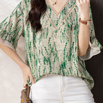 V-neck printed ruffled sleeve loose shirt - liwisi
