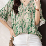 V-neck printed ruffled sleeve loose shirt - liwisi