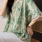 V-neck printed ruffled sleeve loose shirt - liwisi