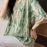 V-neck printed ruffled sleeve loose shirt - liwisi
