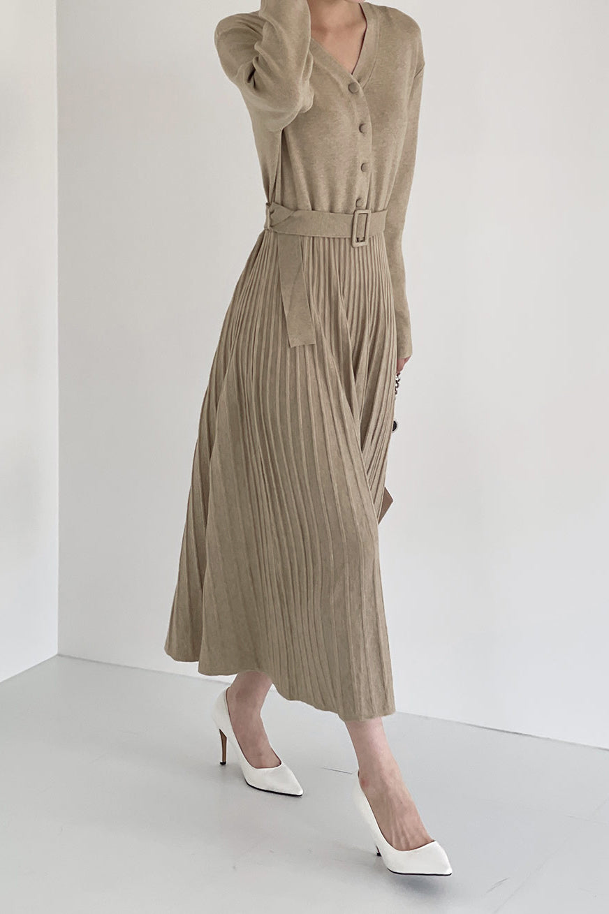 Ｖネックプリーツドッキングロングニットワンピース　3色入 - liwisi