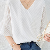 V-neck bell sleeve loose shirt - liwisi