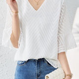 V-neck bell sleeve loose shirt - liwisi