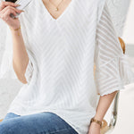 V-neck bell sleeve loose shirt - liwisi