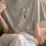 Cat embroidery round neck short sleeve pocket casual loose top - liwisi