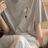 Cat embroidery round neck short sleeve pocket casual loose top - liwisi