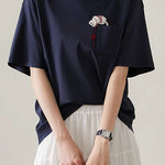 Cat embroidery round neck short sleeve pocket casual loose top - liwisi