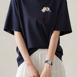 Cat embroidery round neck short sleeve pocket casual loose top - liwisi