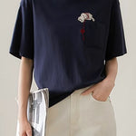 Cat embroidery round neck short sleeve pocket casual loose top - liwisi