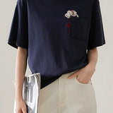 Cat embroidery round neck short sleeve pocket casual loose top - liwisi