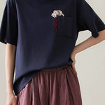 Cat embroidery round neck short sleeve pocket casual loose top - liwisi