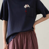 Cat embroidery round neck short sleeve pocket casual loose top - liwisi