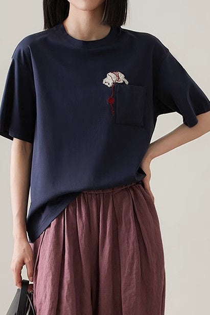 Cat embroidery round neck short sleeve pocket casual loose top - liwisi