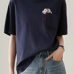 Cat embroidery round neck short sleeve pocket casual loose top - liwisi