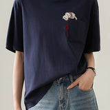 Cat embroidery round neck short sleeve pocket casual loose top - liwisi