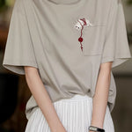 Cat embroidery round neck short sleeve pocket casual loose top - liwisi