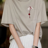 Cat embroidery round neck short sleeve pocket casual loose top - liwisi