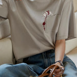 Cat embroidery round neck short sleeve pocket casual loose top - liwisi
