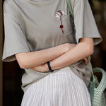 Cat embroidery round neck short sleeve pocket casual loose top - liwisi