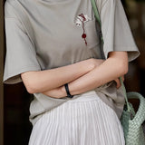 Cat embroidery round neck short sleeve pocket casual loose top - liwisi