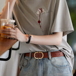 Cat embroidery round neck short sleeve pocket casual loose top - liwisi