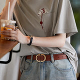 Cat embroidery round neck short sleeve pocket casual loose top - liwisi
